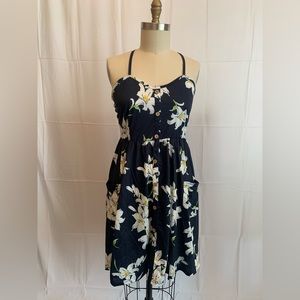 Women's Button Design Criss Cross Back Floral Print Dress XL navy